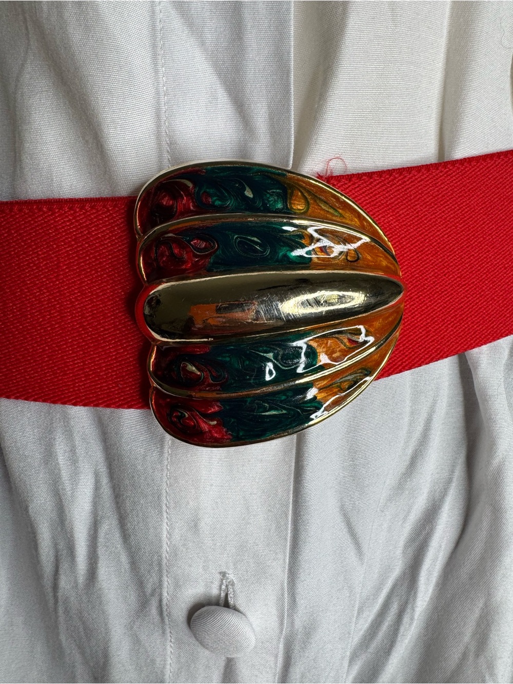 Day-Lor Vintage Belt Enamel Colorful Buckle Red  Stretch 80’s Size Small